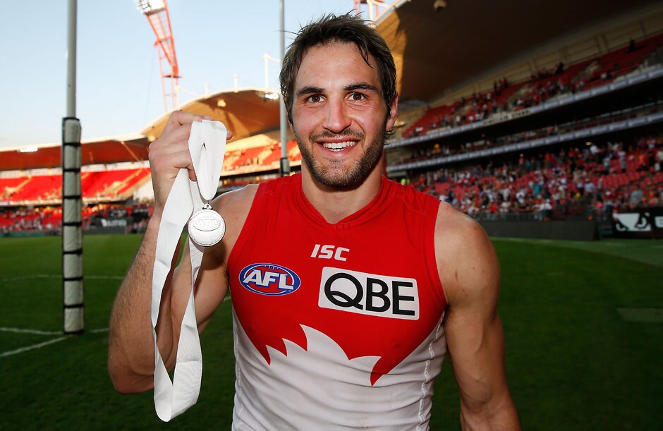 AFL 2015 Rd 21 - GWS Giants v Sydney SYDNEY, AUSTRALIA - AUGUST 22: Josh Kennedy of the Swans poses for a photograph with the White Ribbon Medal during the 2015 AFL round 21 match between the GWS Giants and the Sydney Swans at Spotless Stadium, Sydney, Australia on August 22, 2015. (Photo by Michael Willson/AFL Media)